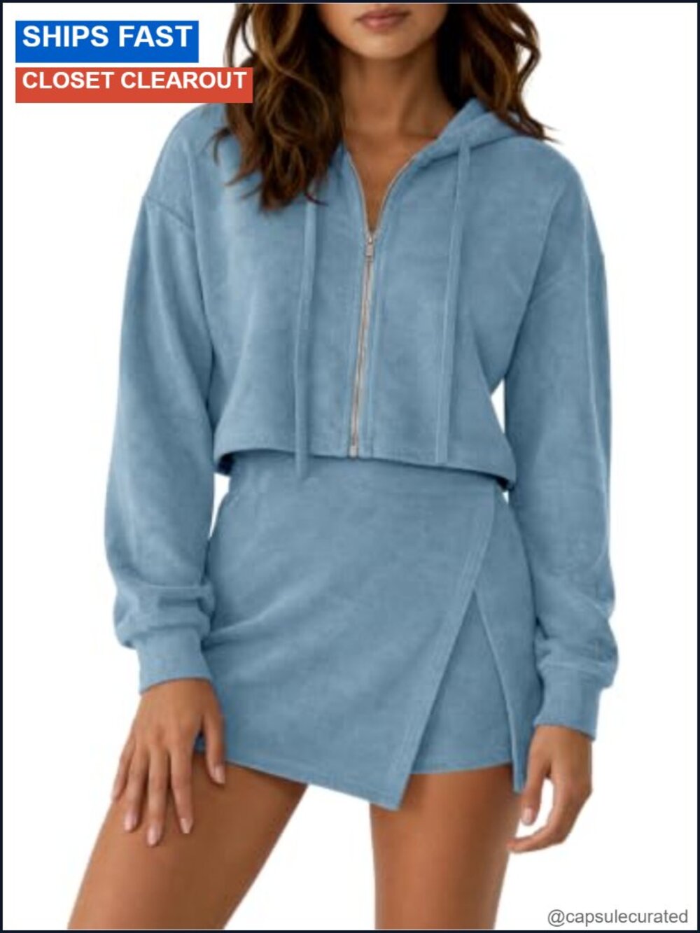 2 Piece Skirt Set Zip Up Hoodie Skort Sweatsuit Terry Cloth